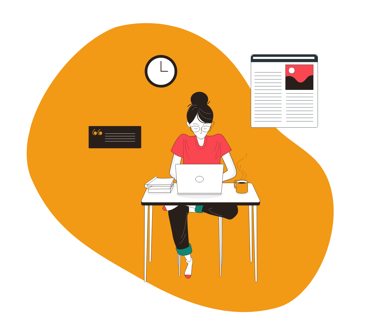 Image de bannière, illustration de femme assise à une table devant son ordinateur portable