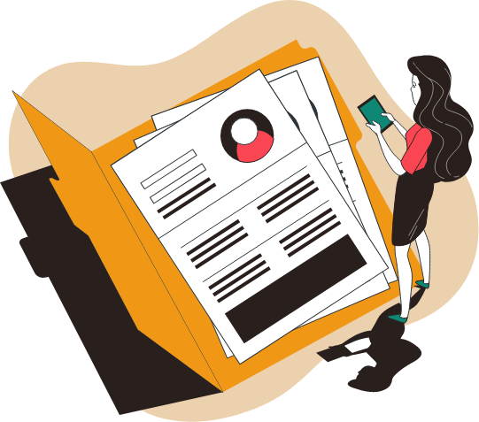 Illustration d'une femme sur son téléphone devant un grand dossier ouvert